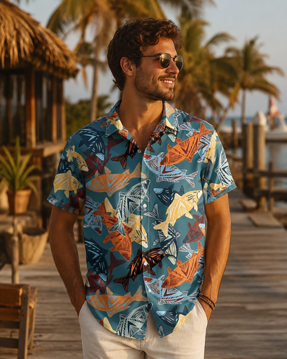 Tribal Folk Art Fish Teal Men's Hawaiian Button Shirt