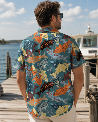 Tribal Folk Art Fish Teal Men's Hawaiian Button Shirt