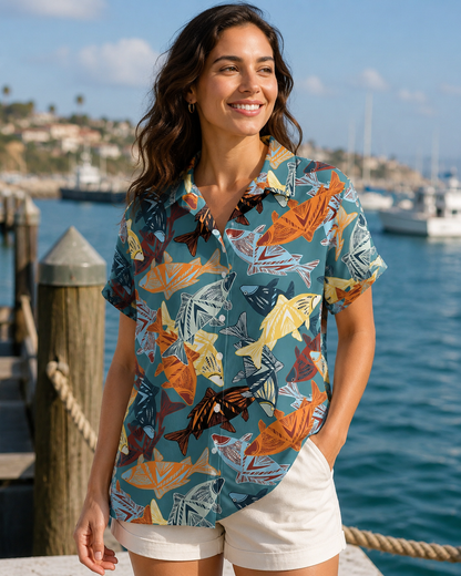Tribal Folk Art Fish Teal Men's Hawaiian Button Shirt