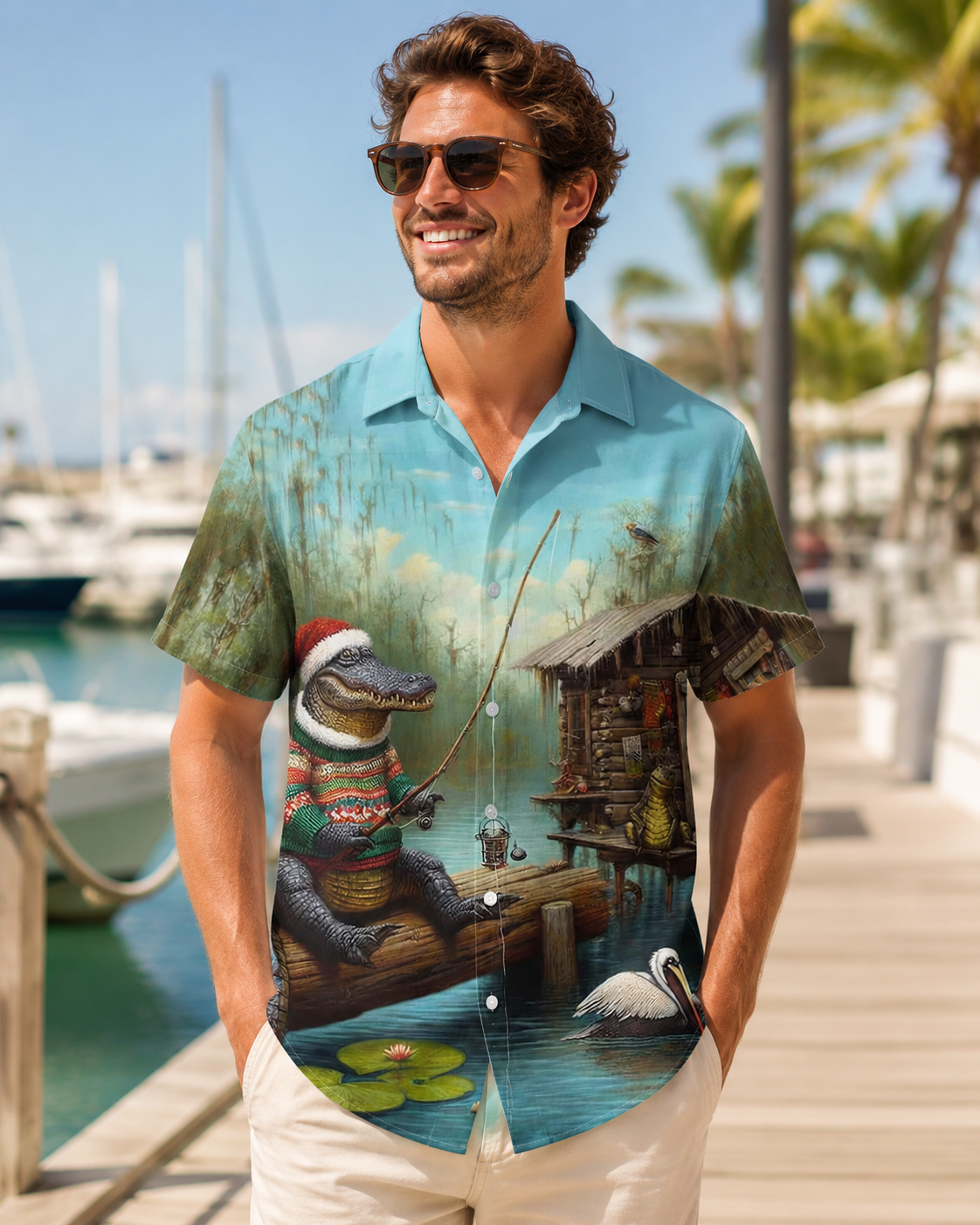 Christmas Alligator Fishing Swamp Men's Hawaiian Shirt