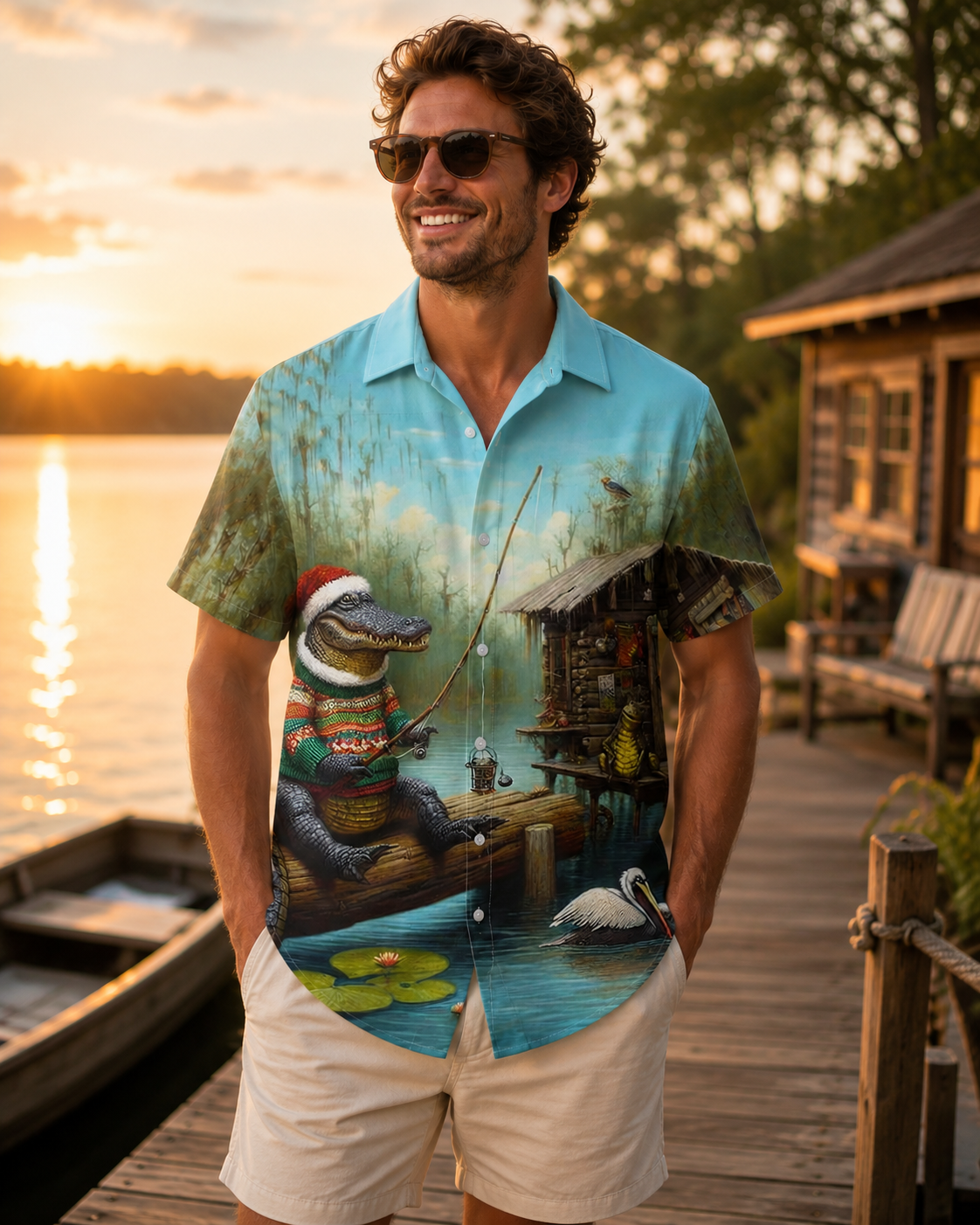 Christmas Alligator Fishing Swamp Men's Hawaiian Shirt