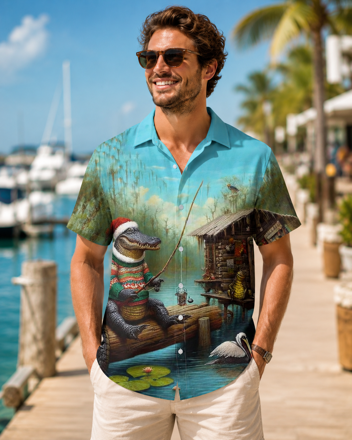 Christmas Alligator Fishing Swamp Men's Hawaiian Shirt