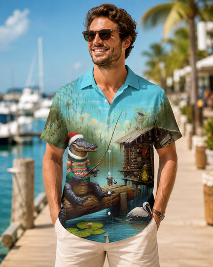 Christmas Alligator Fishing Swamp Men's Hawaiian Shirt