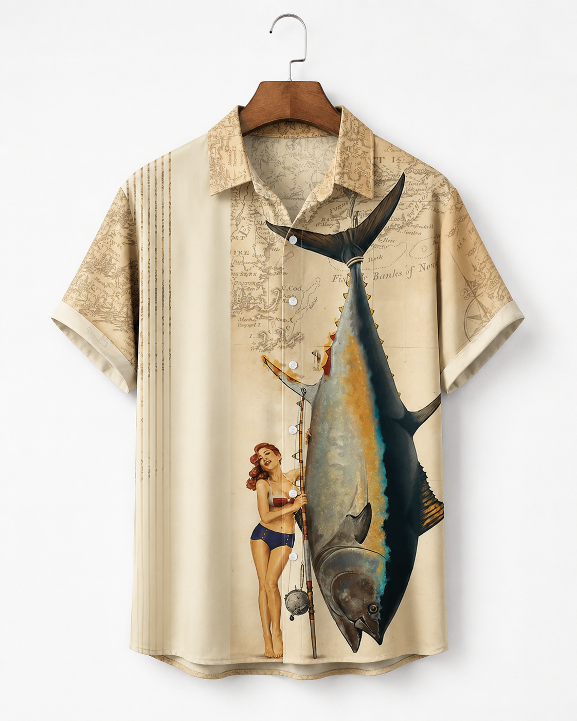 Men's Vintage Map Pin Up Girl Giant Tuna Shirt