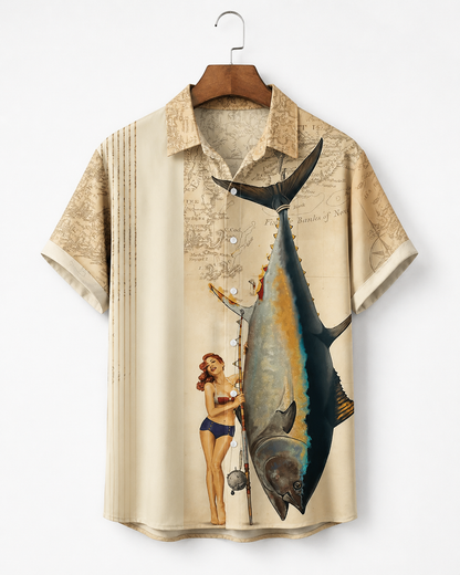 Men's Vintage Map Pin Up Girl Giant Tuna Shirt