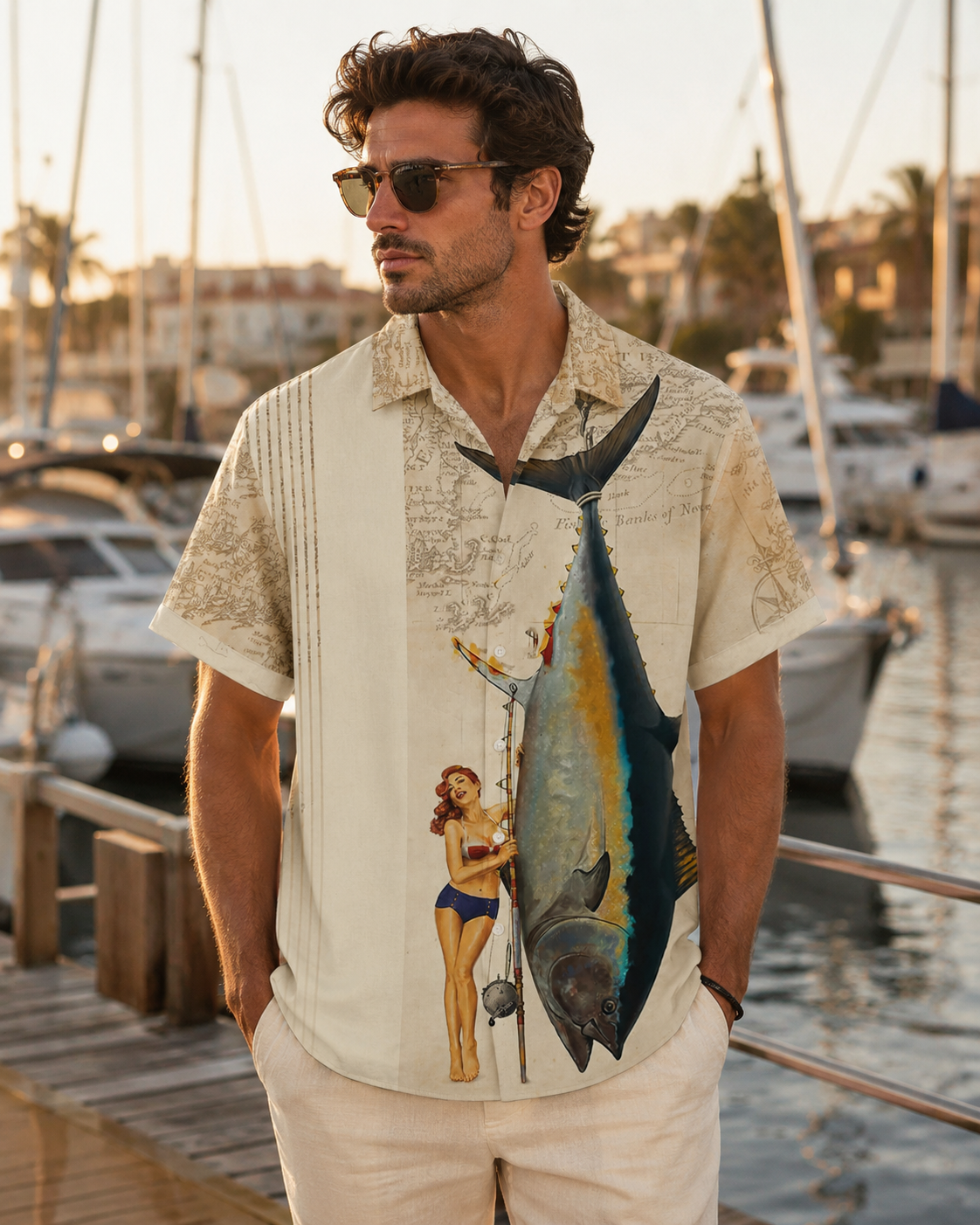 Men's Vintage Map Pin Up Girl Giant Tuna Shirt