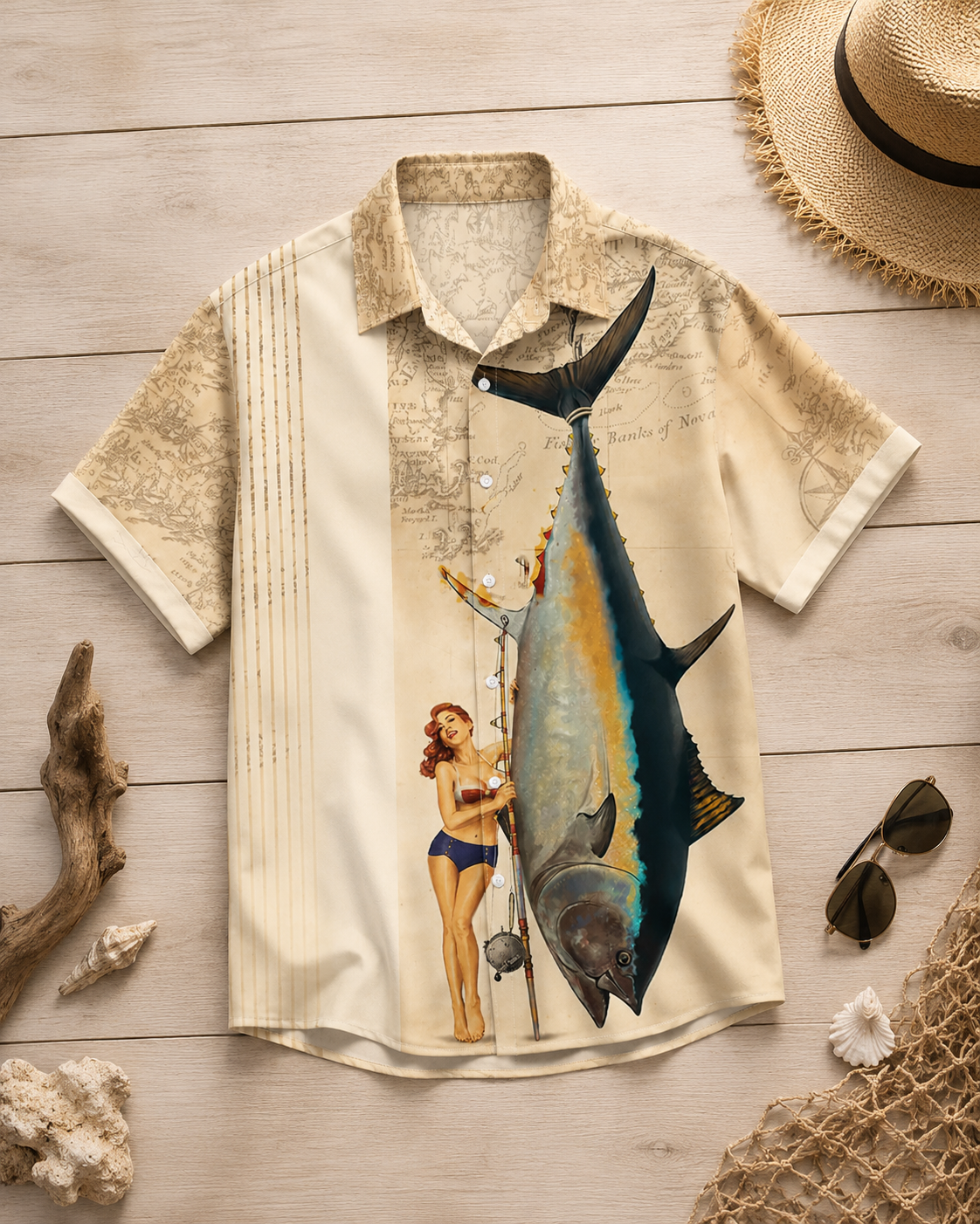 Men's Vintage Map Pin Up Girl Giant Tuna Shirt