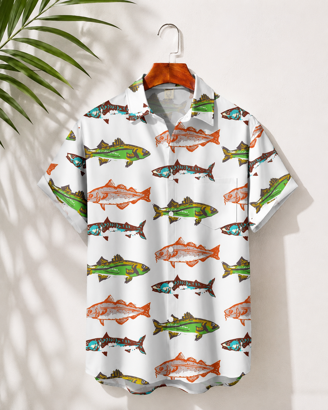 Men's Colorful Trout Bass Fish White Hawaiian Shirt