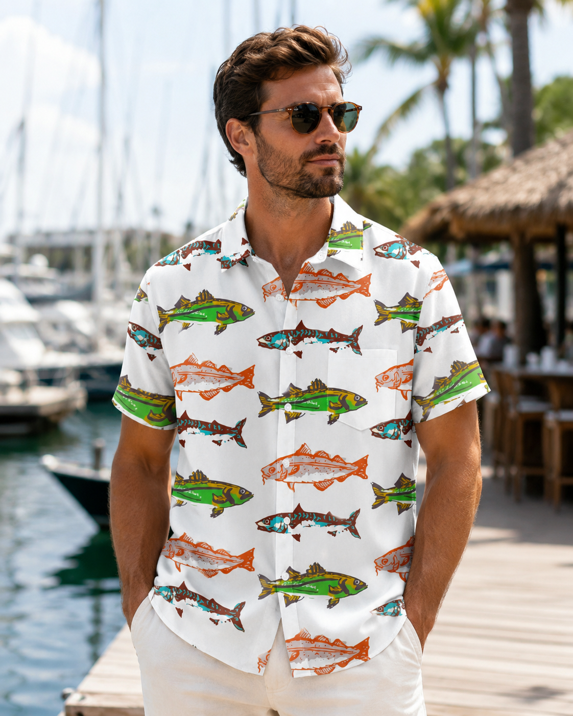 Men's Colorful Trout Bass Fish White Hawaiian Shirt