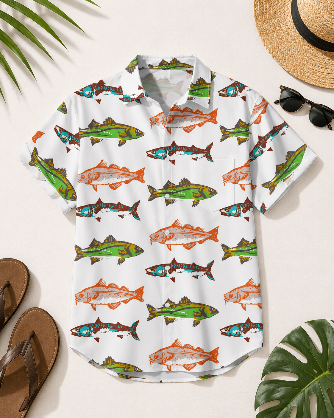 Men's Colorful Trout Bass Fish White Hawaiian Shirt