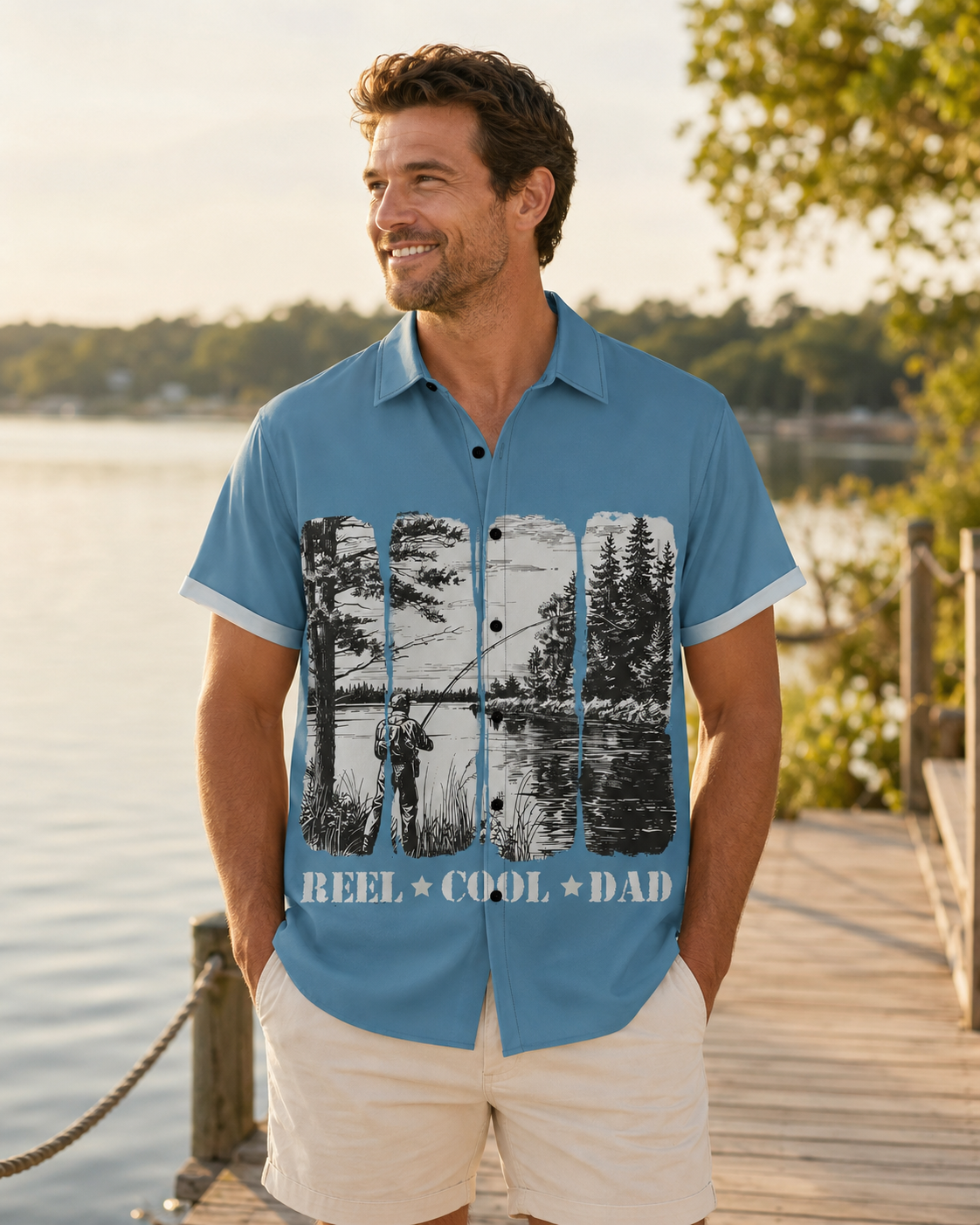 Men's Reel Cool Dad Fishing Lake Blue Hawaiian Shirt