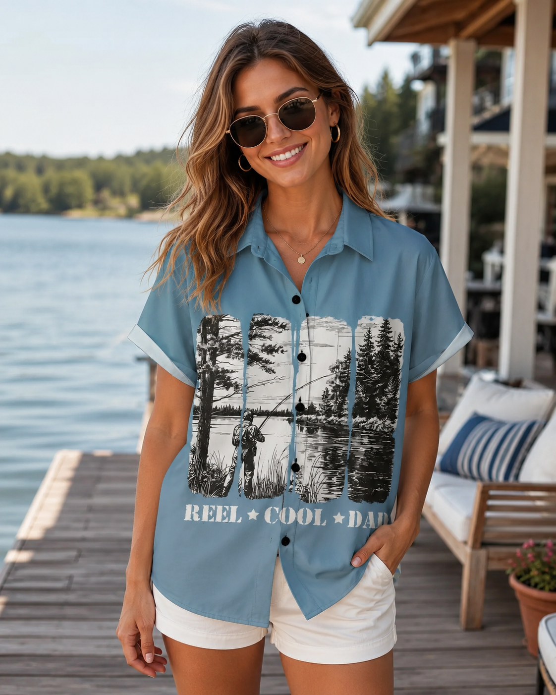 Men's Reel Cool Dad Fishing Lake Blue Hawaiian Shirt