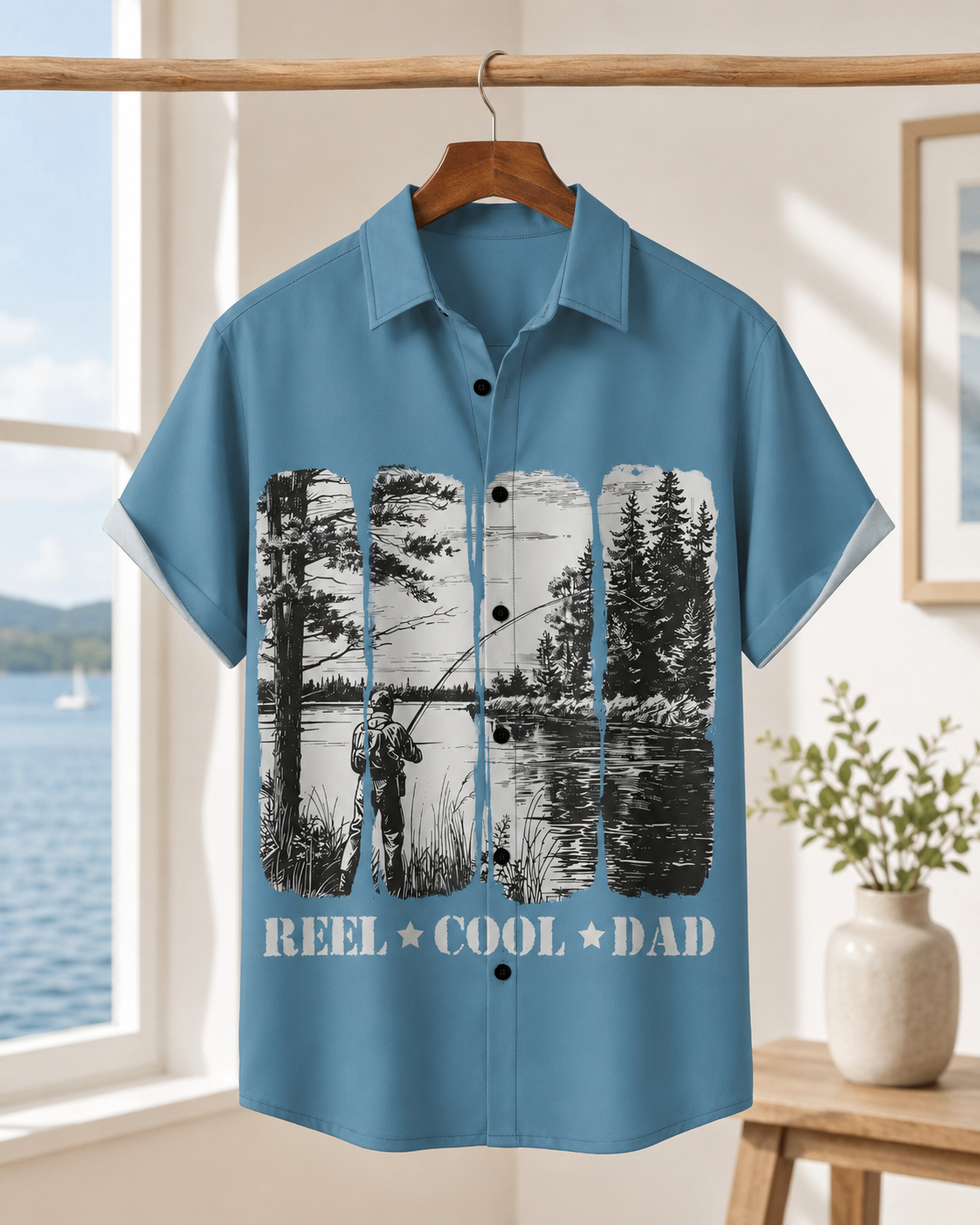 Men's Reel Cool Dad Fishing Lake Blue Hawaiian Shirt