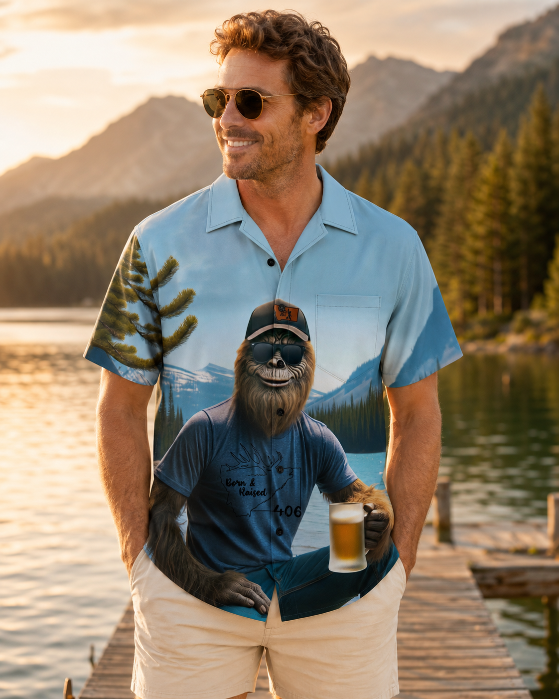 Men's Bigfoot Born Raised Drinking Beer Hawaiian Shirt