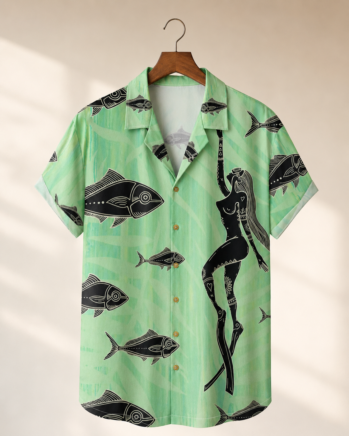 Men's Tribal Art Fish Diver Girl Green Hawaiian Shirt