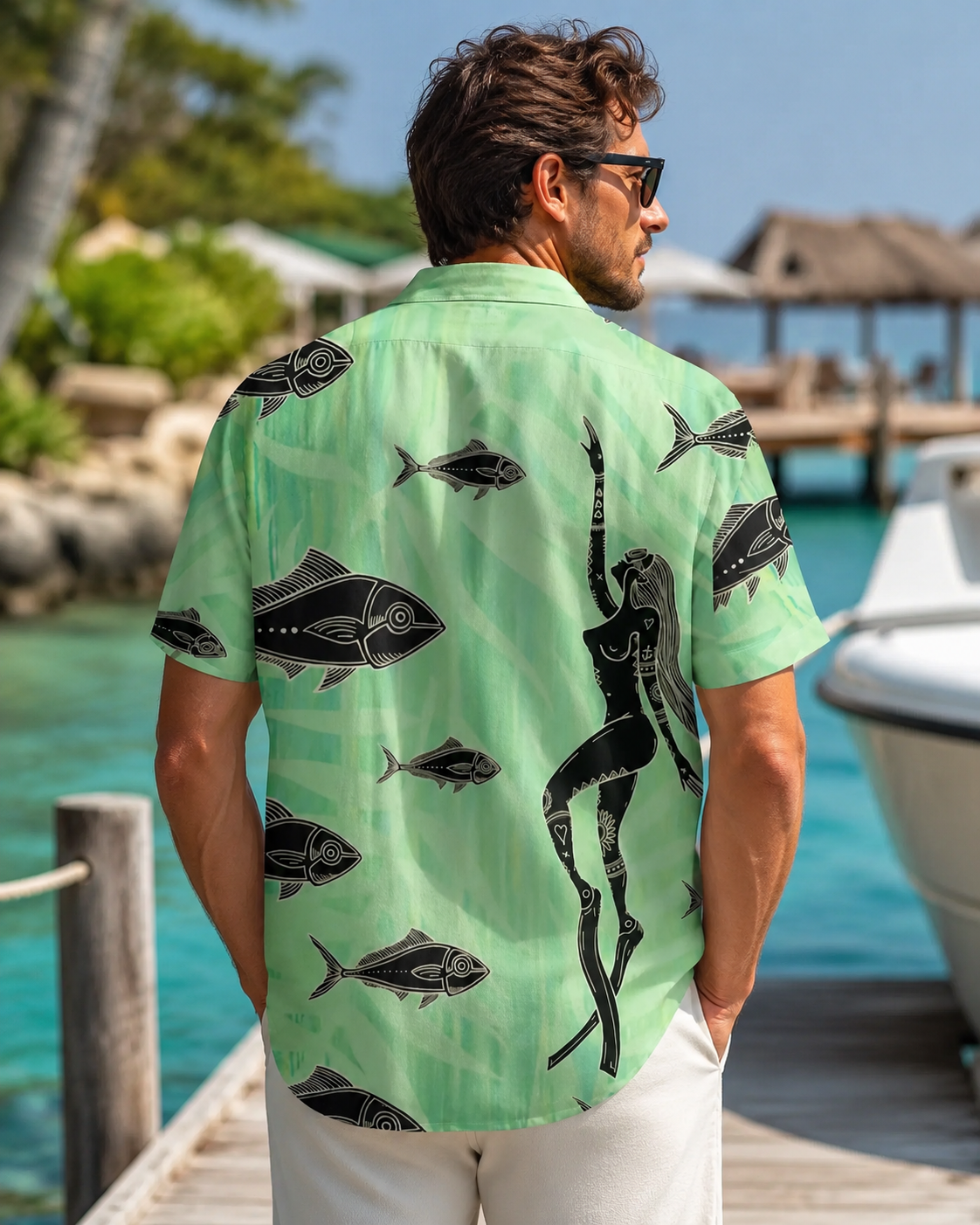 Men's Tribal Art Fish Diver Girl Green Hawaiian Shirt