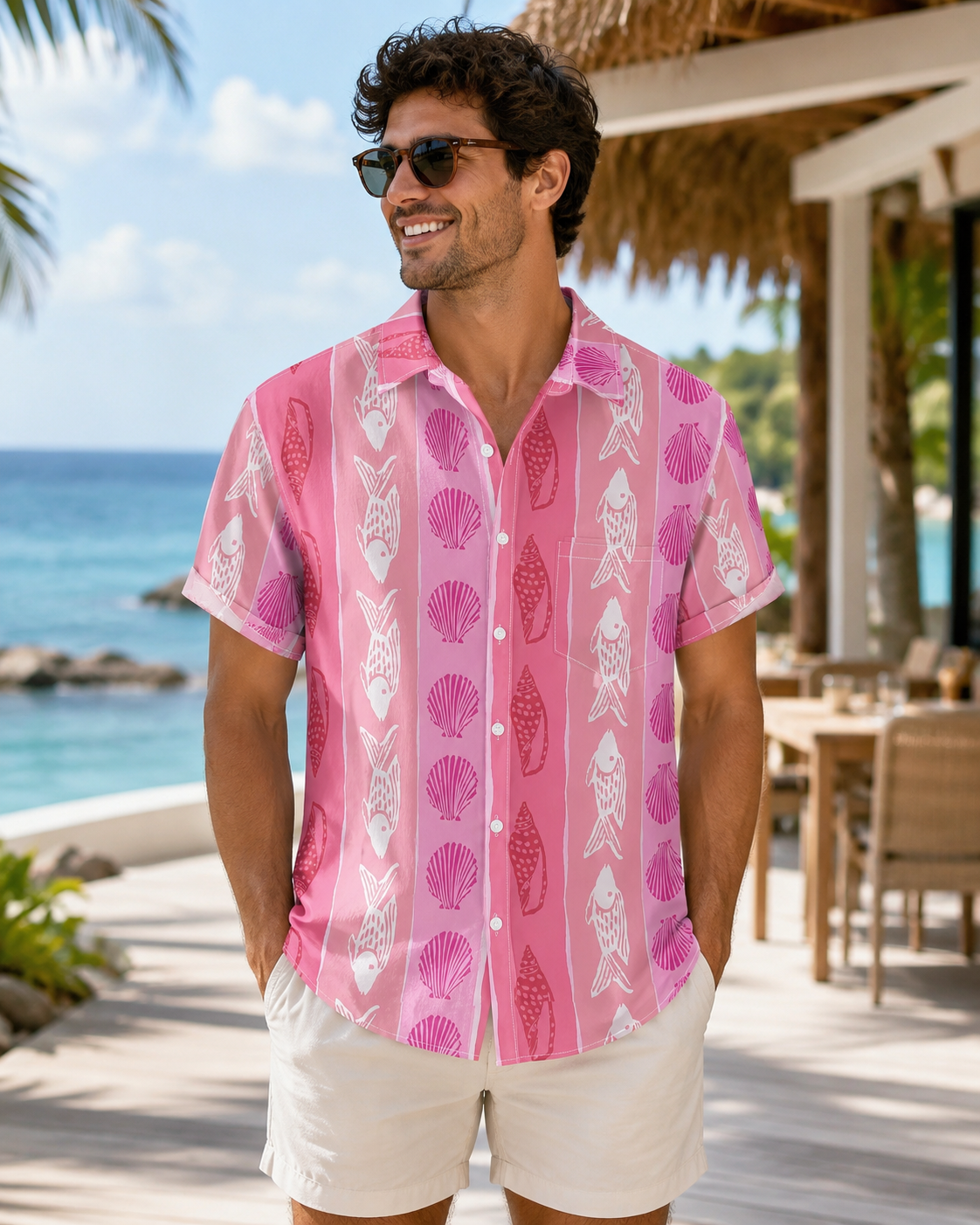 Men's Pink Fish Shell Stripe Hawaiian Shirt