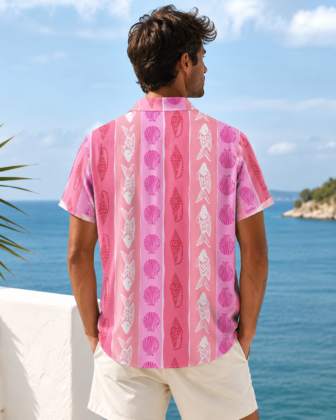 Men's Pink Fish Shell Stripe Hawaiian Shirt