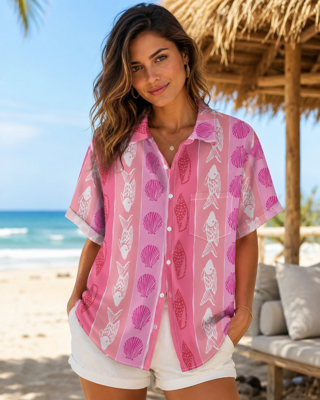 Men's Pink Fish Shell Stripe Hawaiian Shirt