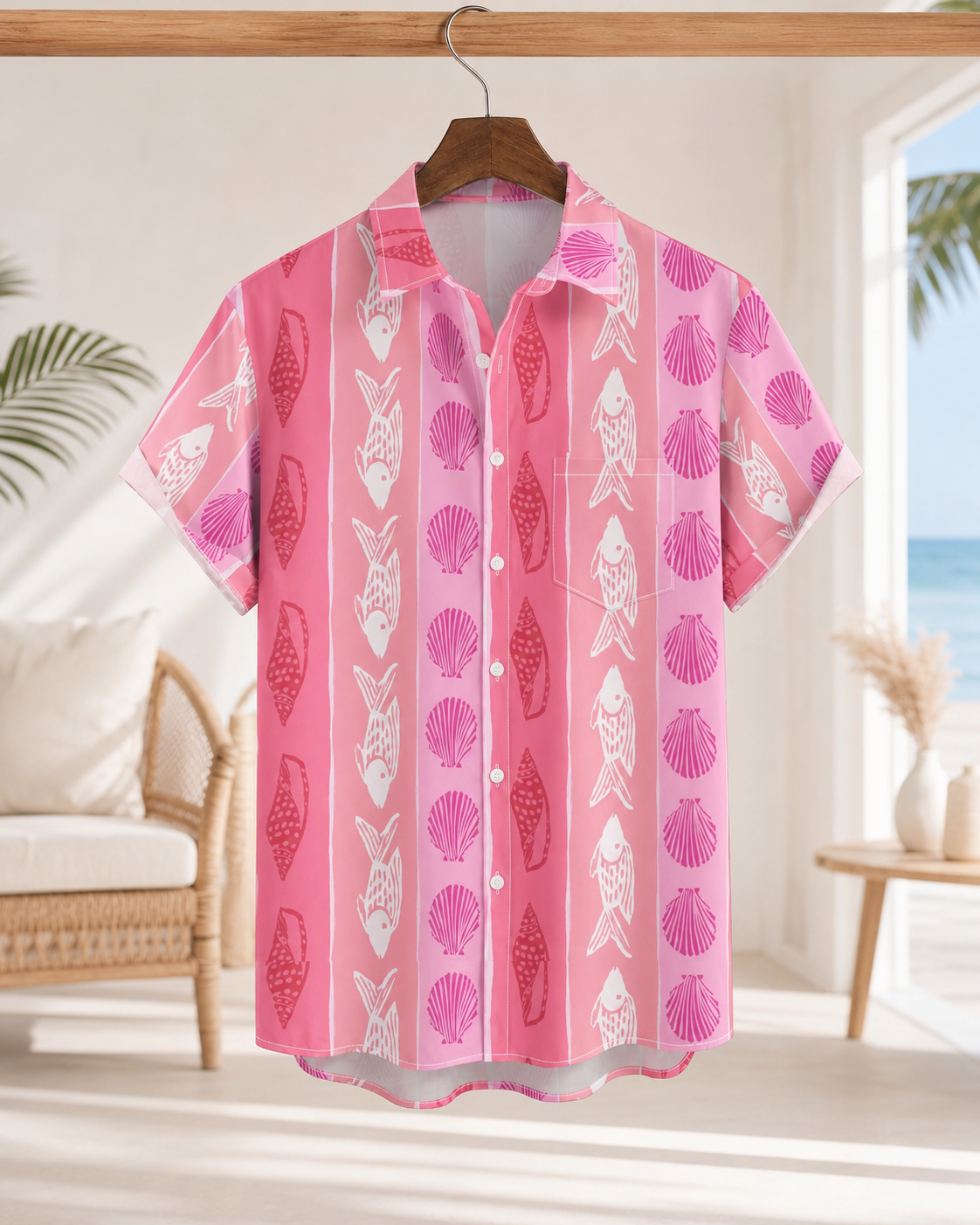 Men's Pink Fish Shell Stripe Hawaiian Shirt