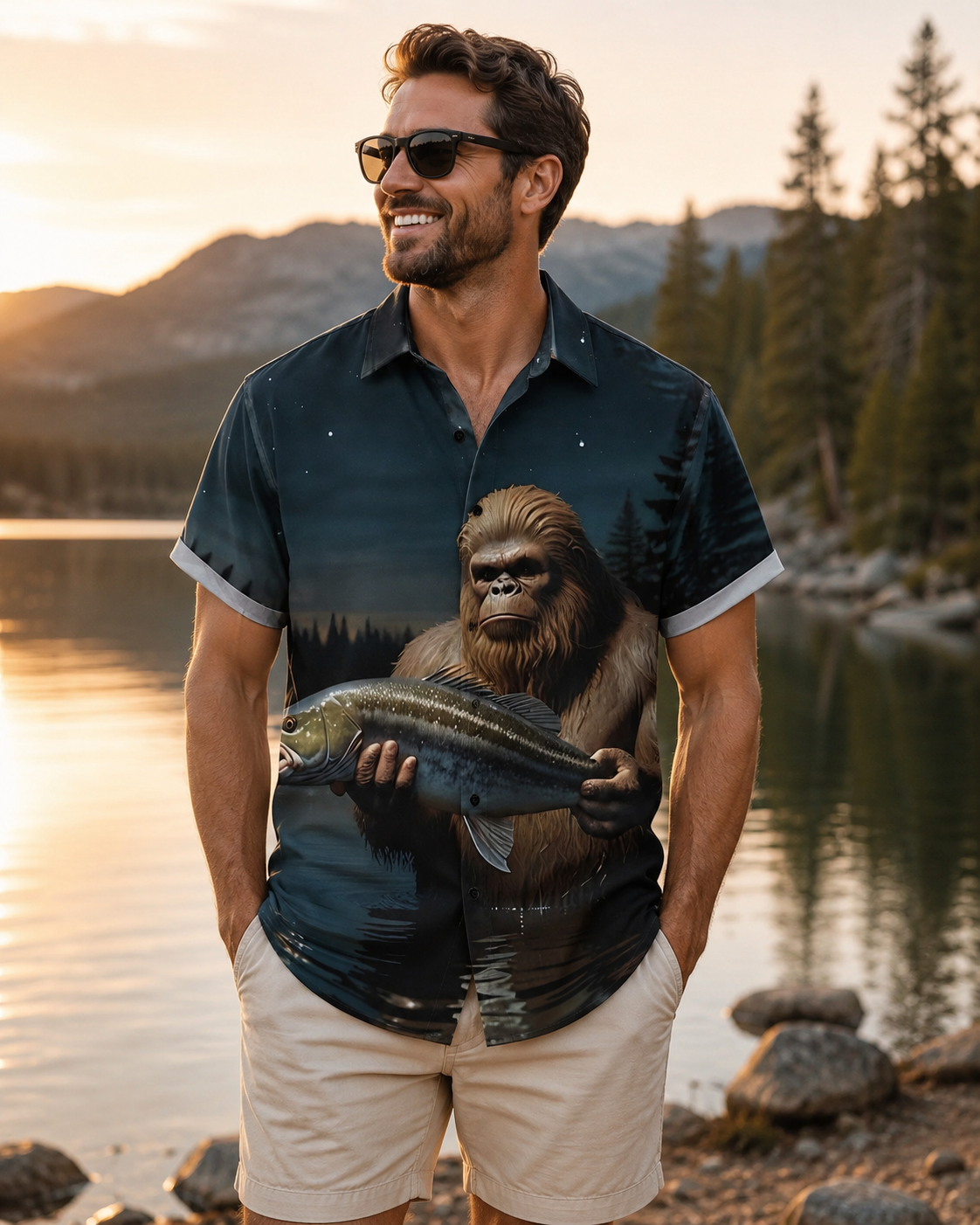 Men's Bigfoot Holding Bass Fish Night Forest Shirt