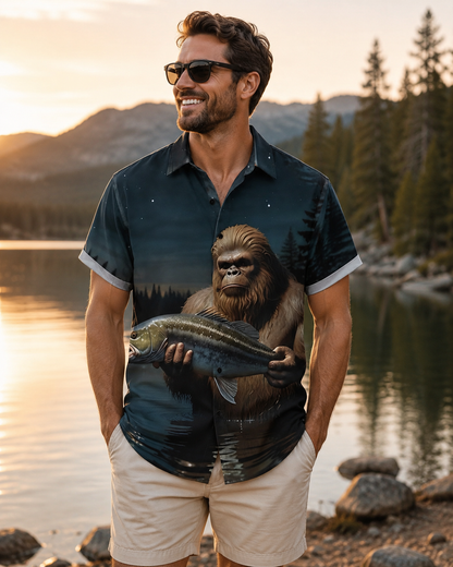 Men's Bigfoot Holding Bass Fish Night Forest Shirt