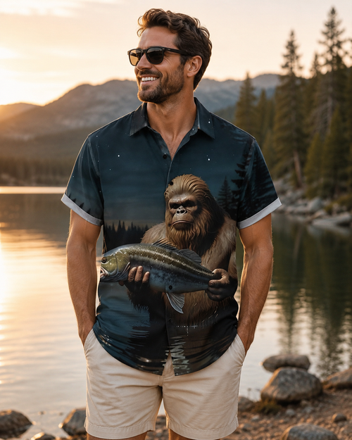 Men's Bigfoot Holding Bass Fish Night Forest Shirt