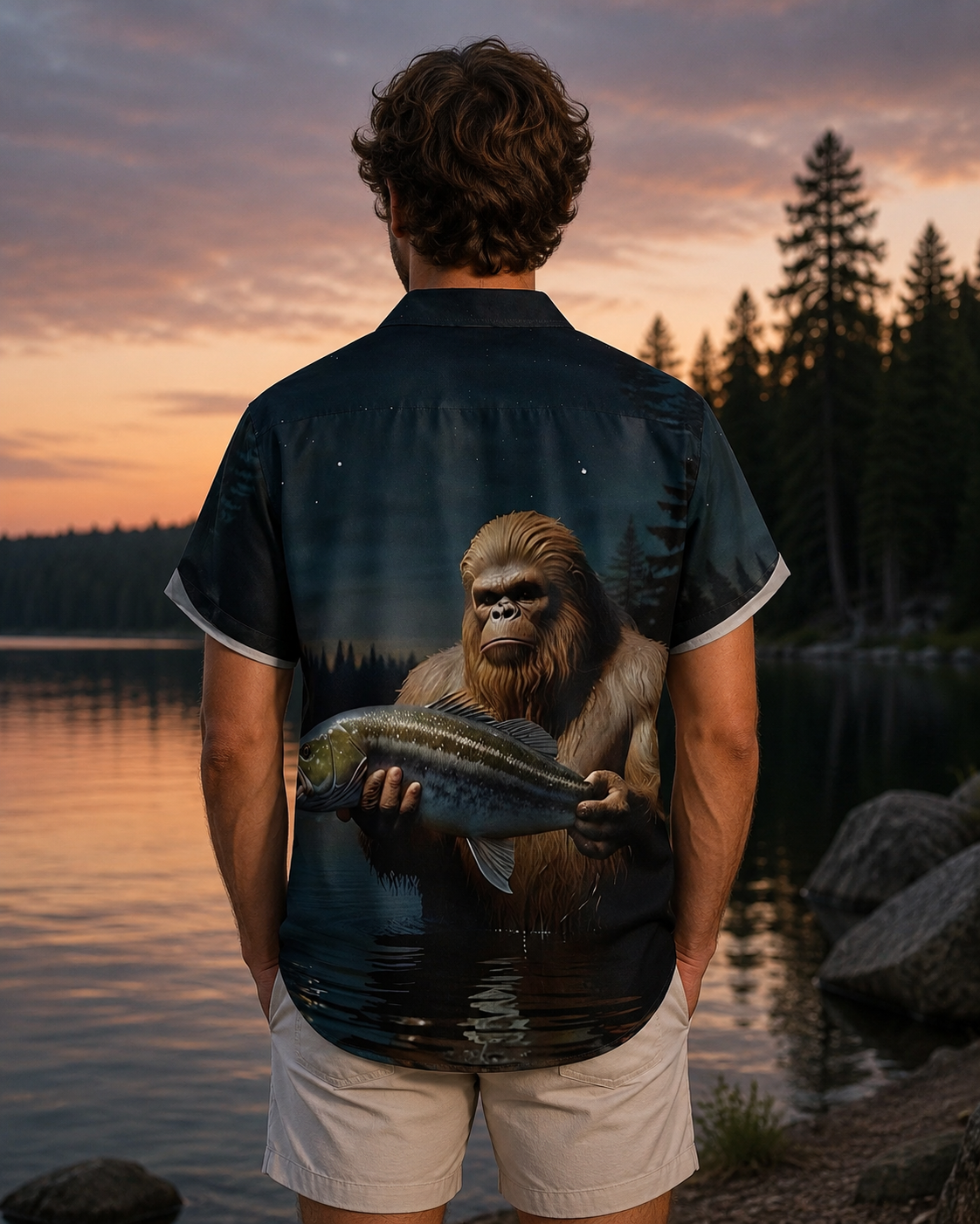 Men's Bigfoot Holding Bass Fish Night Forest Shirt