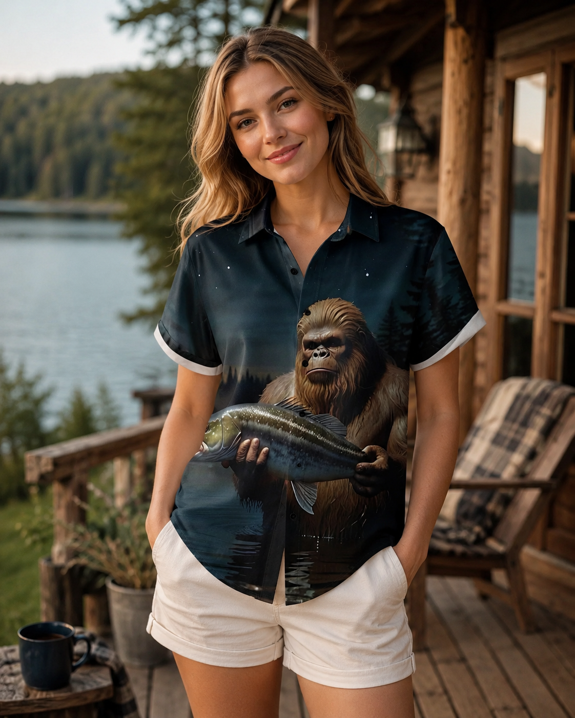 Men's Bigfoot Holding Bass Fish Night Forest Shirt