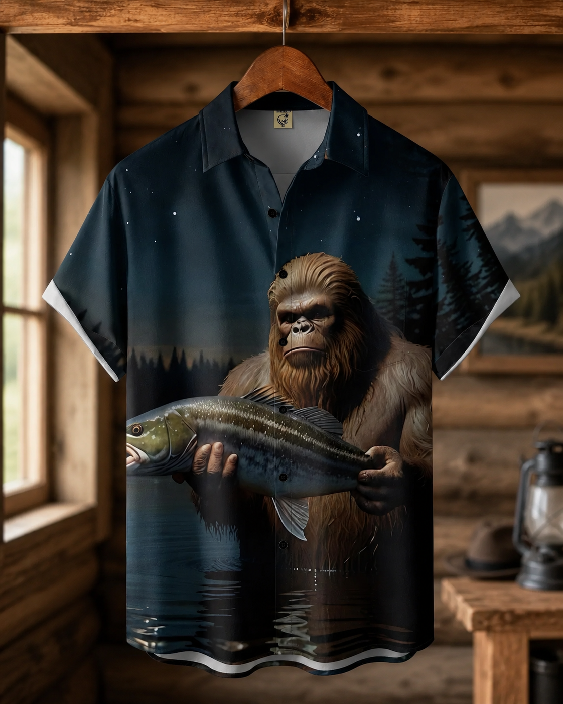 Men's Bigfoot Holding Bass Fish Night Forest Shirt