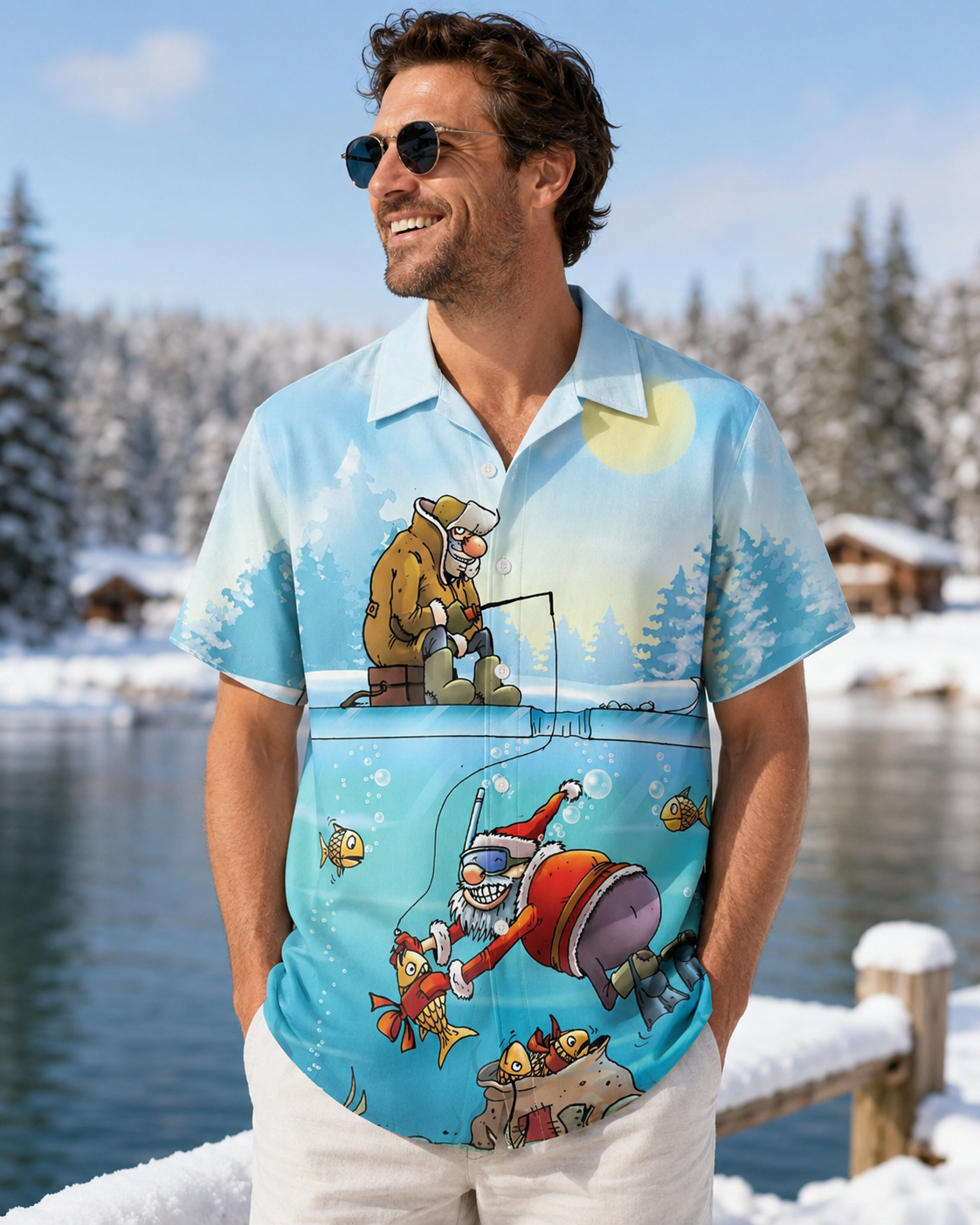 Men's Funny Santa Ice Fishing Underwater Hawaiian Shirt