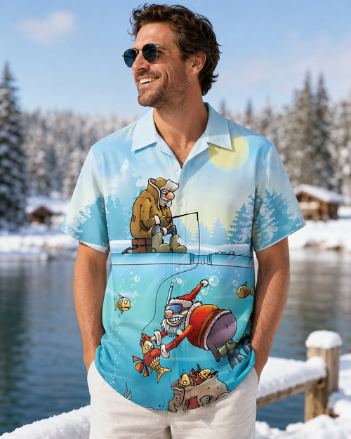Men's Funny Santa Ice Fishing Underwater Hawaiian Shirt