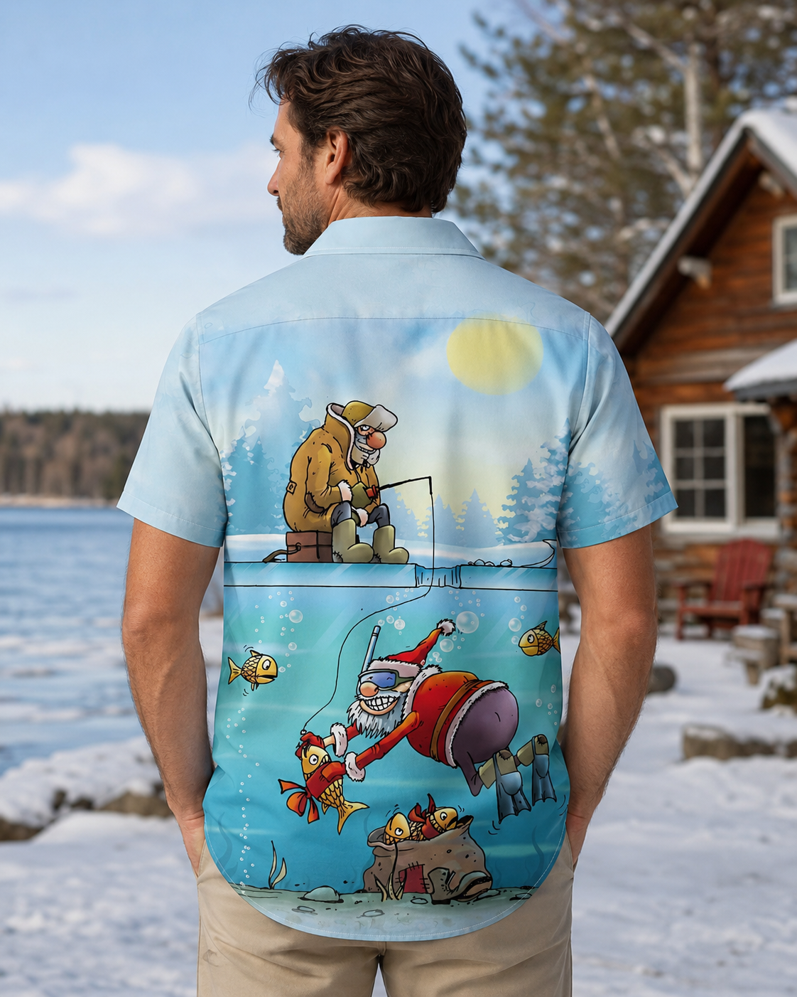 Men's Funny Santa Ice Fishing Underwater Hawaiian Shirt