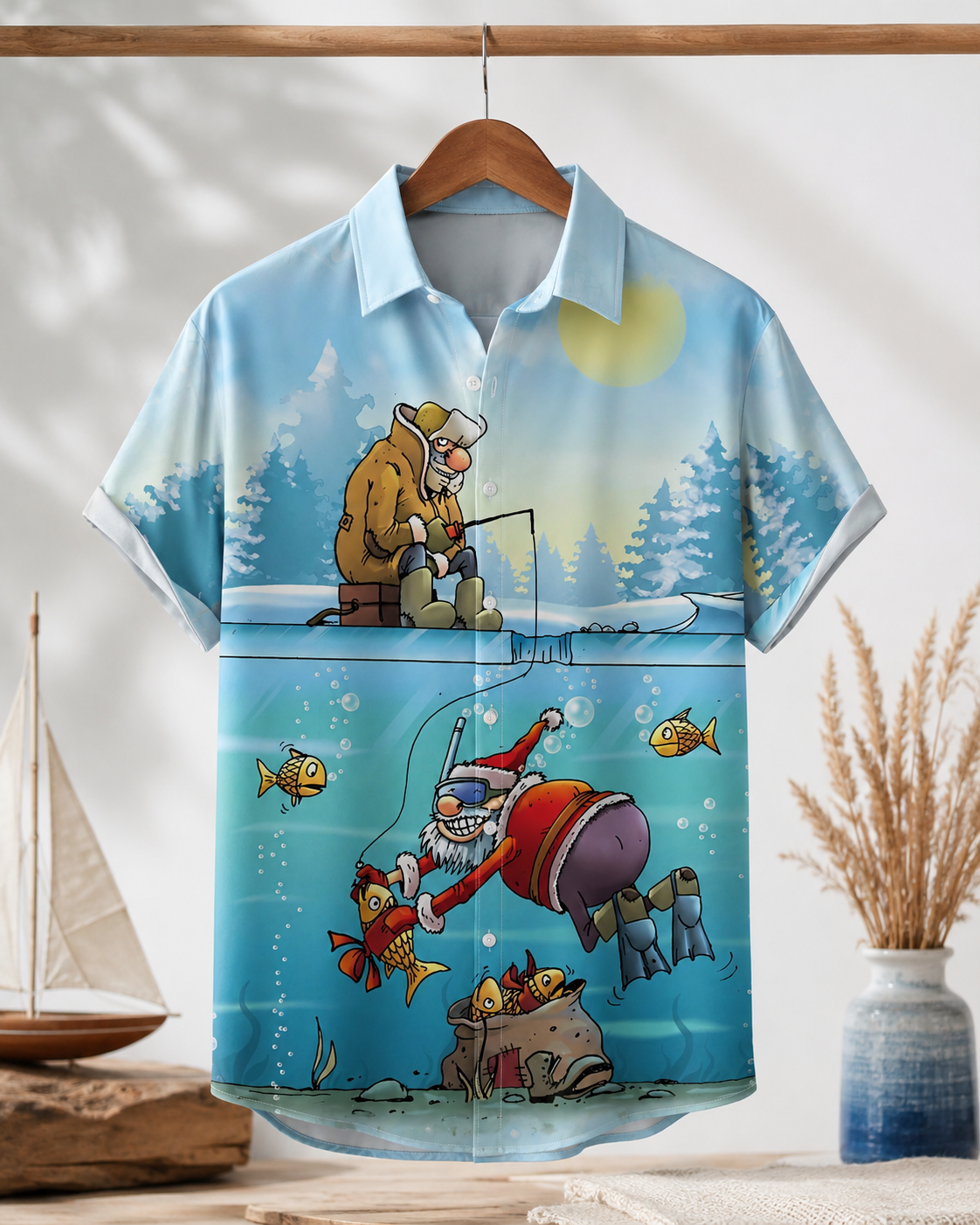 Men's Funny Santa Ice Fishing Underwater Hawaiian Shirt