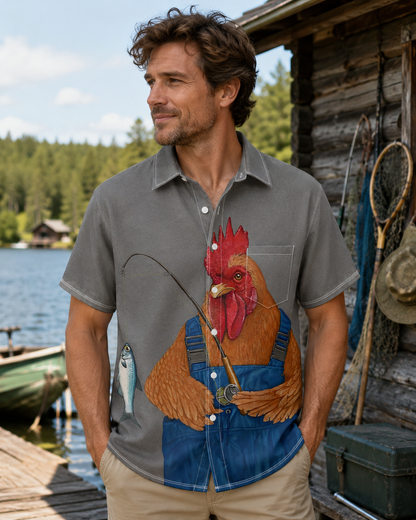 Funny Rooster Fisherman Overalls Gray Fishing Shirt