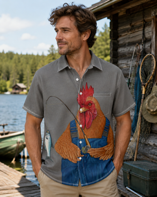 Funny Rooster Fisherman Overalls Gray Fishing Shirt