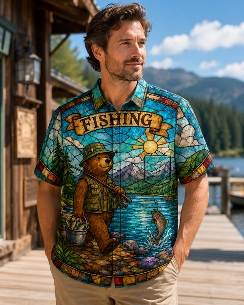 Stained Glass Bear Fisherman Mountain Trout Hawaii Shirt