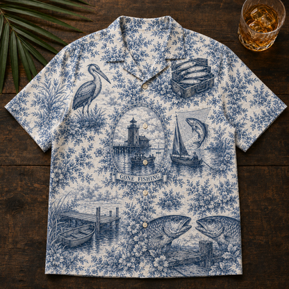 The Heron & Harbor Hawaiian Shirt — Indigo Toile