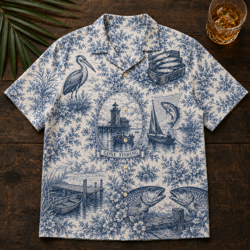 The Heron & Harbor Hawaiian Shirt — Indigo Toile