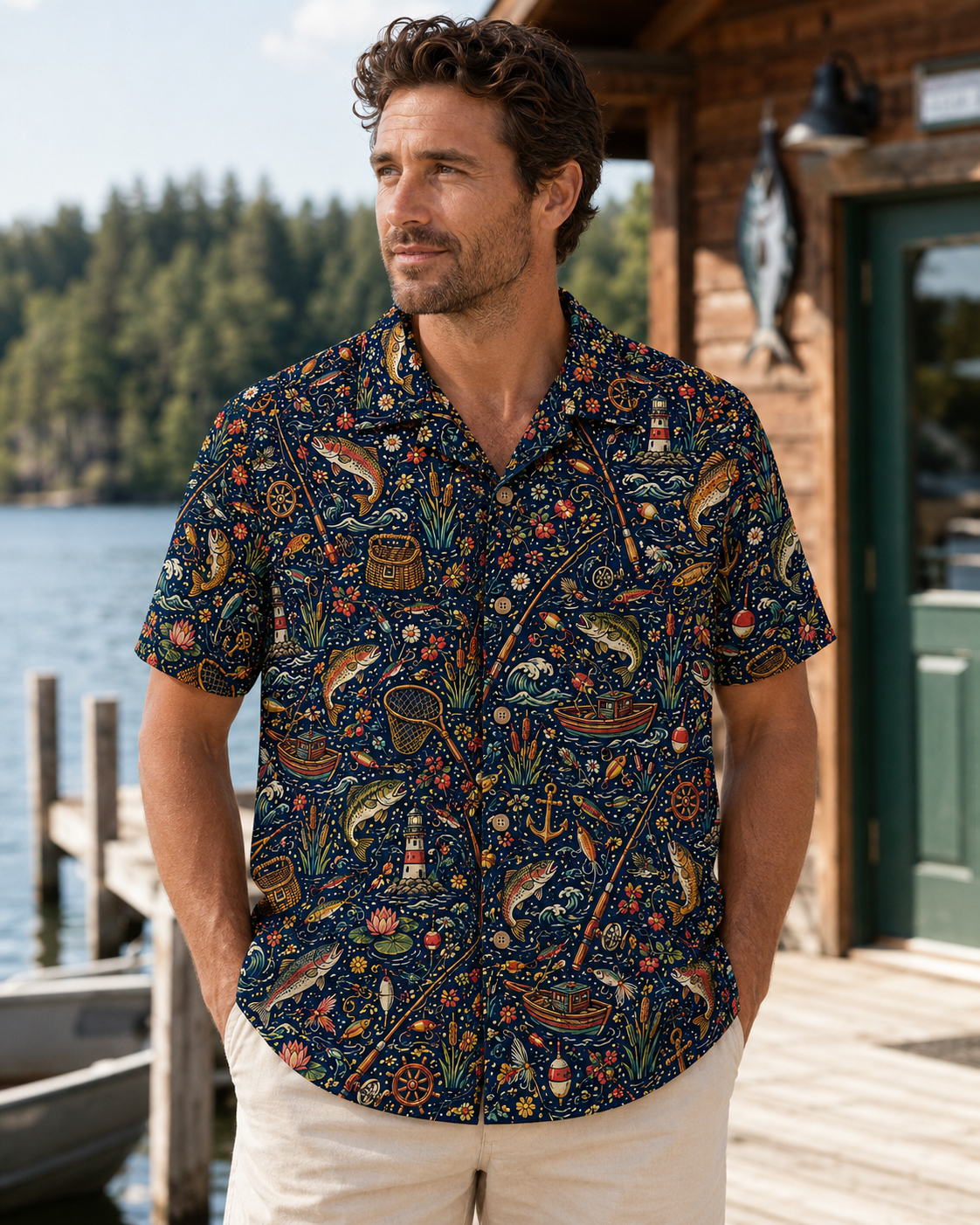 Navy Colorful Fishing Lighthouse Boat Floral Hawaii Shirt