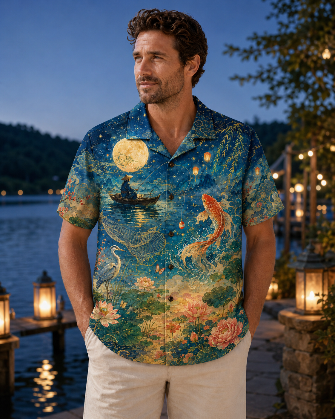 Chinese Moonlight Koi Lotus Heron Lantern Hawaii Shirt