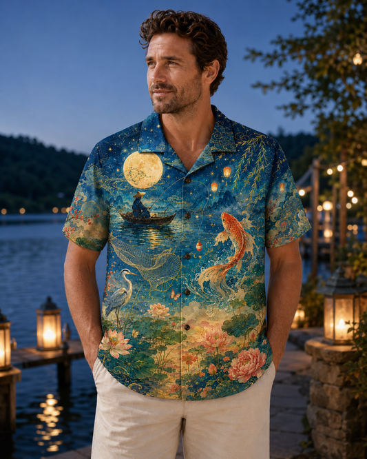 Chinese Moonlight Koi Lotus Heron Lantern Hawaii Shirt