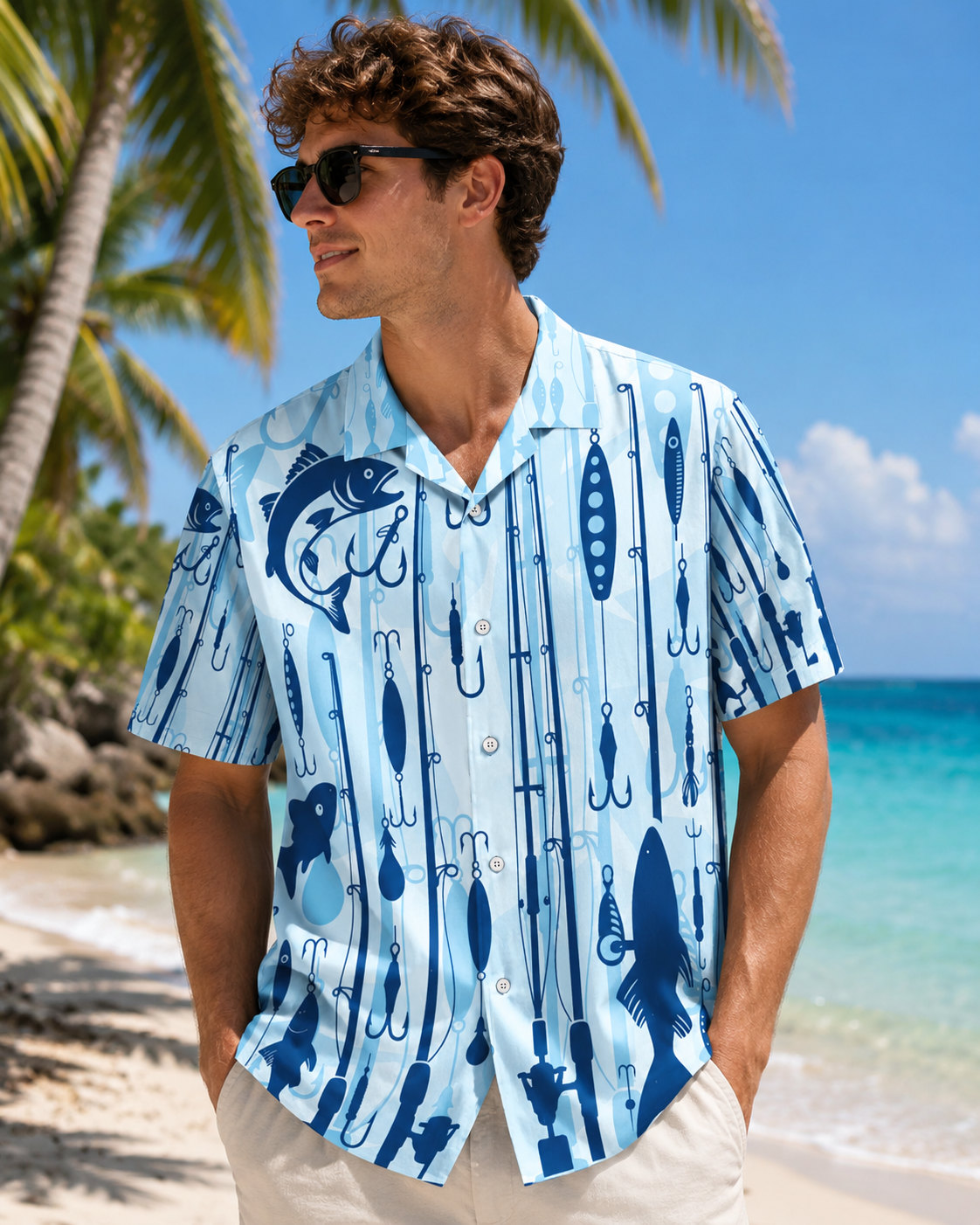 Men's Blue Fishing Tackle Hawaiian Shirt | Short Sleeve Shirt