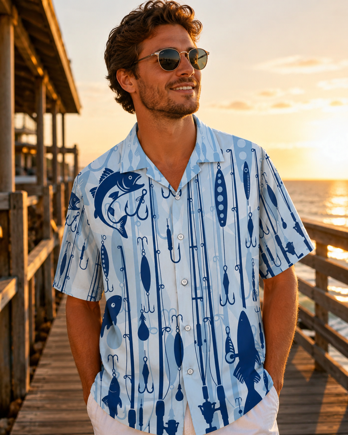 Men's Blue Fishing Tackle Hawaiian Shirt | Short Sleeve Shirt