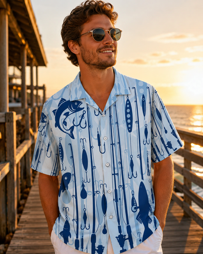 Men's Blue Fishing Tackle Hawaiian Shirt | Short Sleeve Shirt