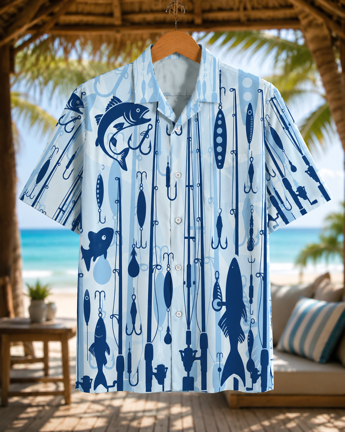 Men's Blue Fishing Tackle Hawaiian Shirt | Short Sleeve Shirt