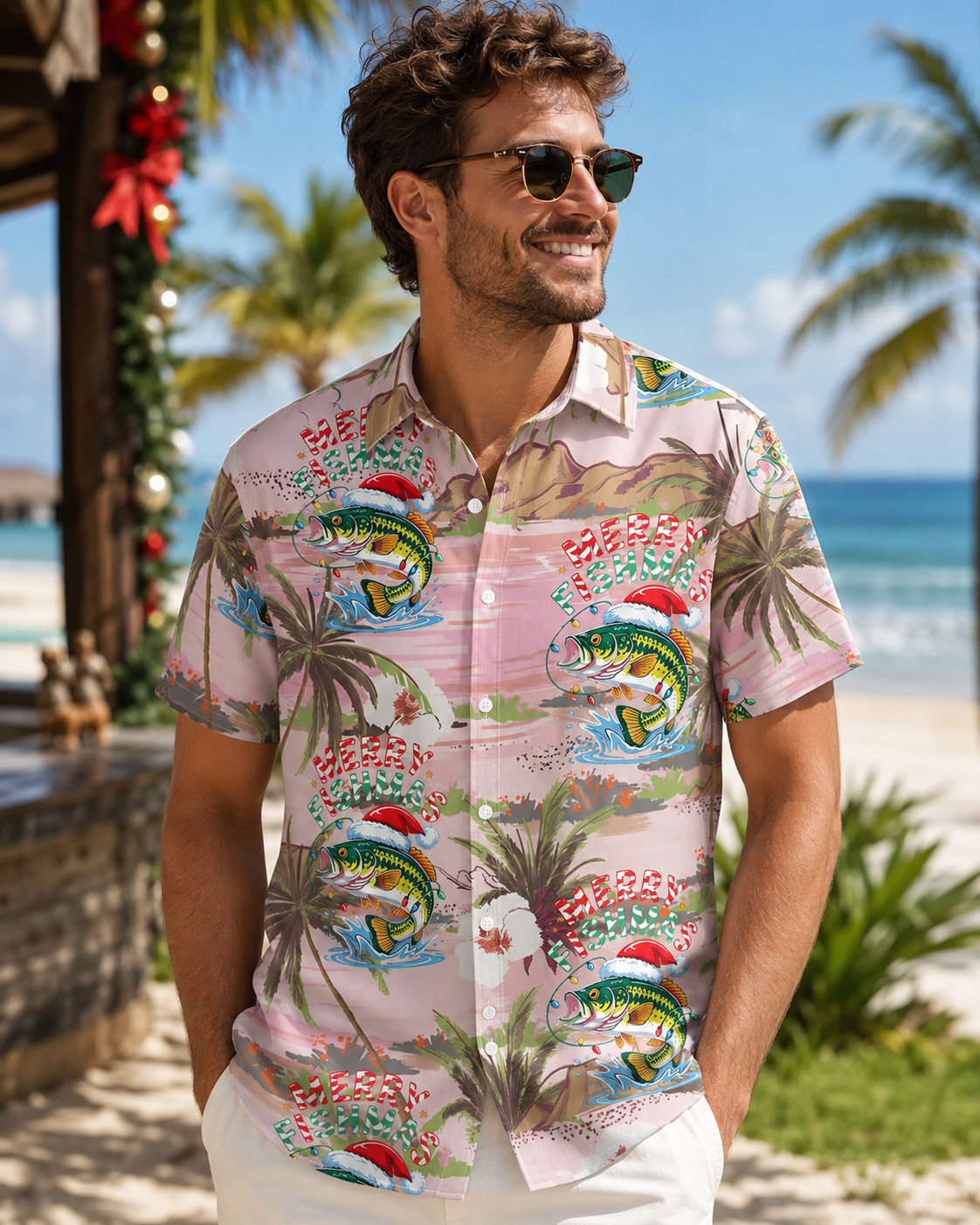Merry Christmas Bass Fish Tropical Men's Hawaiian Shirt