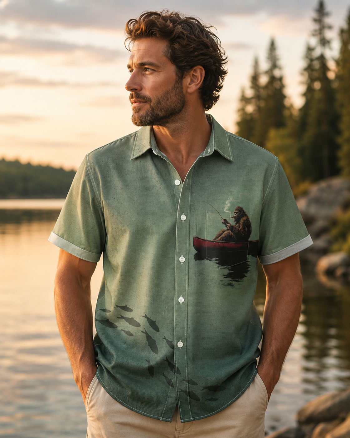 Bigfoot Fishing Boat Men's Funny Hawaiian Button Shirt
