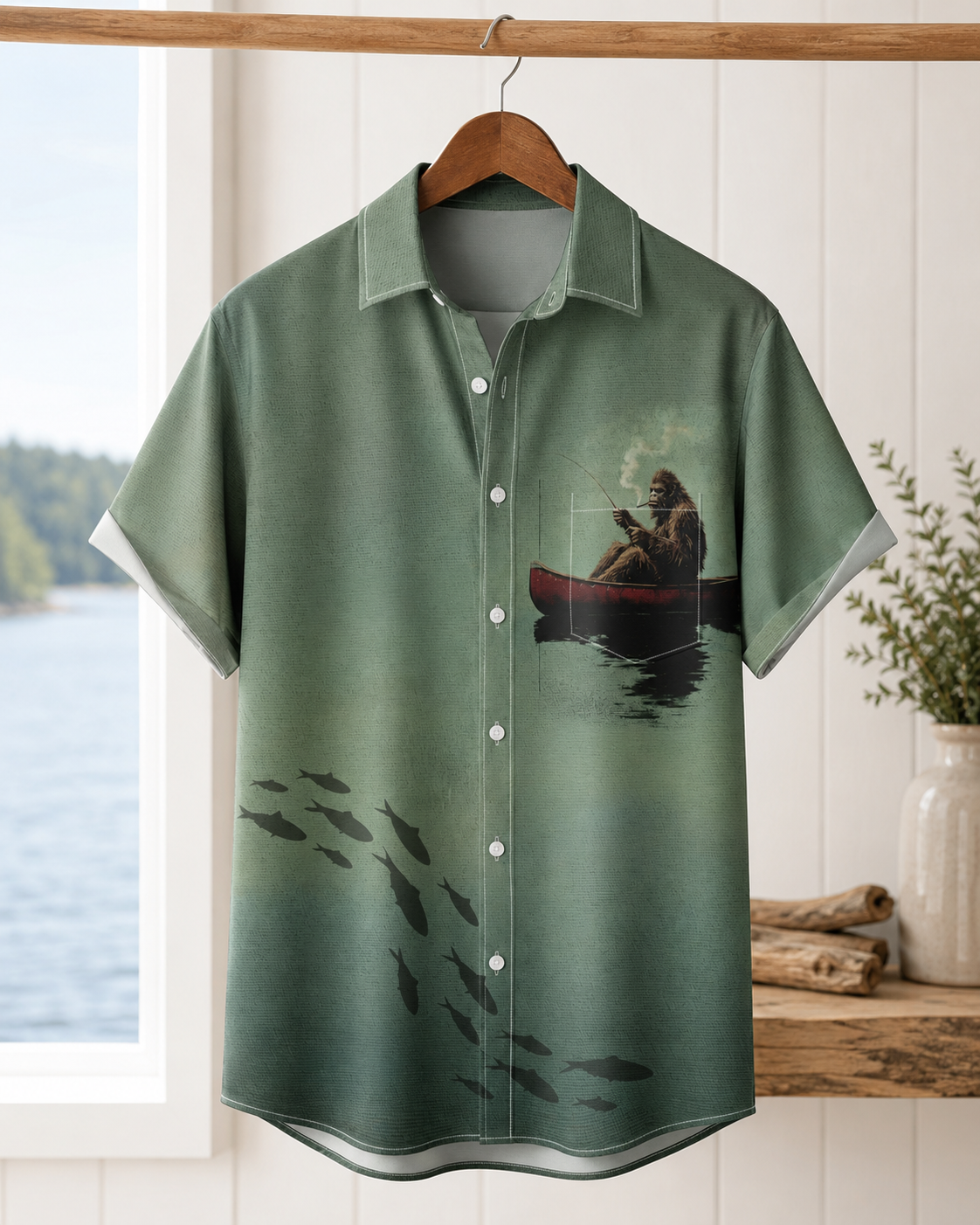 Bigfoot Fishing Boat Men's Funny Hawaiian Button Shirt