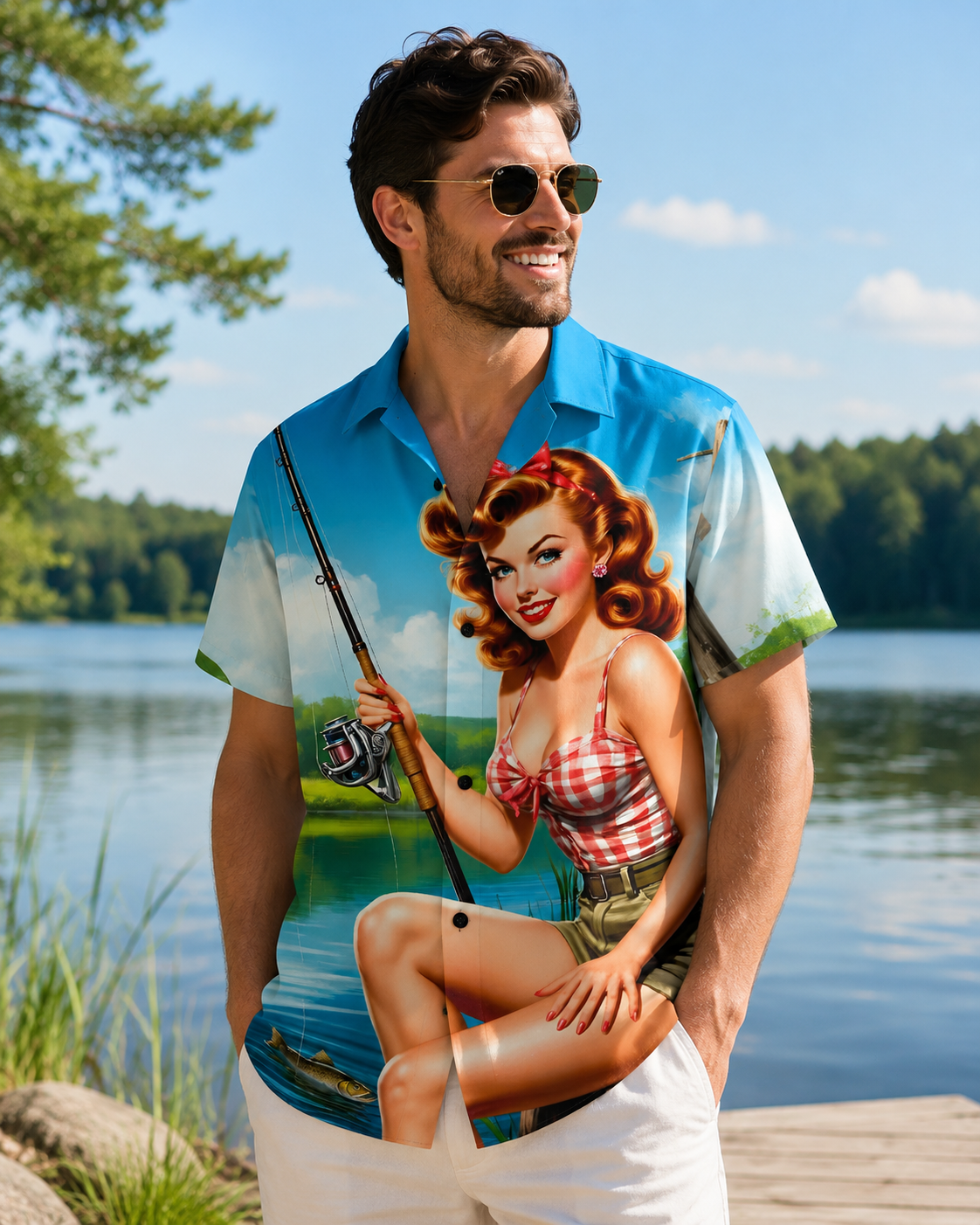 Retro Pin Up Girl Fishing Men's Hawaiian Button Shirt